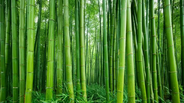 Lush green bamboo forest with tall stalks and dense foliage creating peaceful natural jungle atmosphere