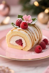 Raspberry Cream Swiss Roll Cake with Caramel Drizzle on Pink Plate