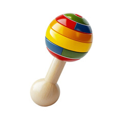 A vibrant baby rattle is set against a clean backdrop. The wooden toy's colorful design, with bold bands of rainbow hues, sparks joy. A playful invitation to tactile discovery and auditory engagement.