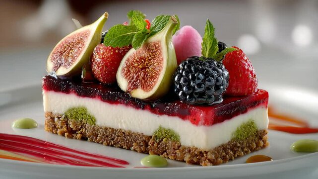 panna cotta cake with jelly layer top with fresh fig and berries