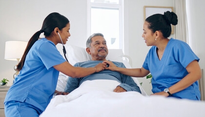 Senior Man and Nurse Using Stethoscope for Heartbeat Assessment – Elderly Health Check and Cardiovascular Care in Medical Setting

