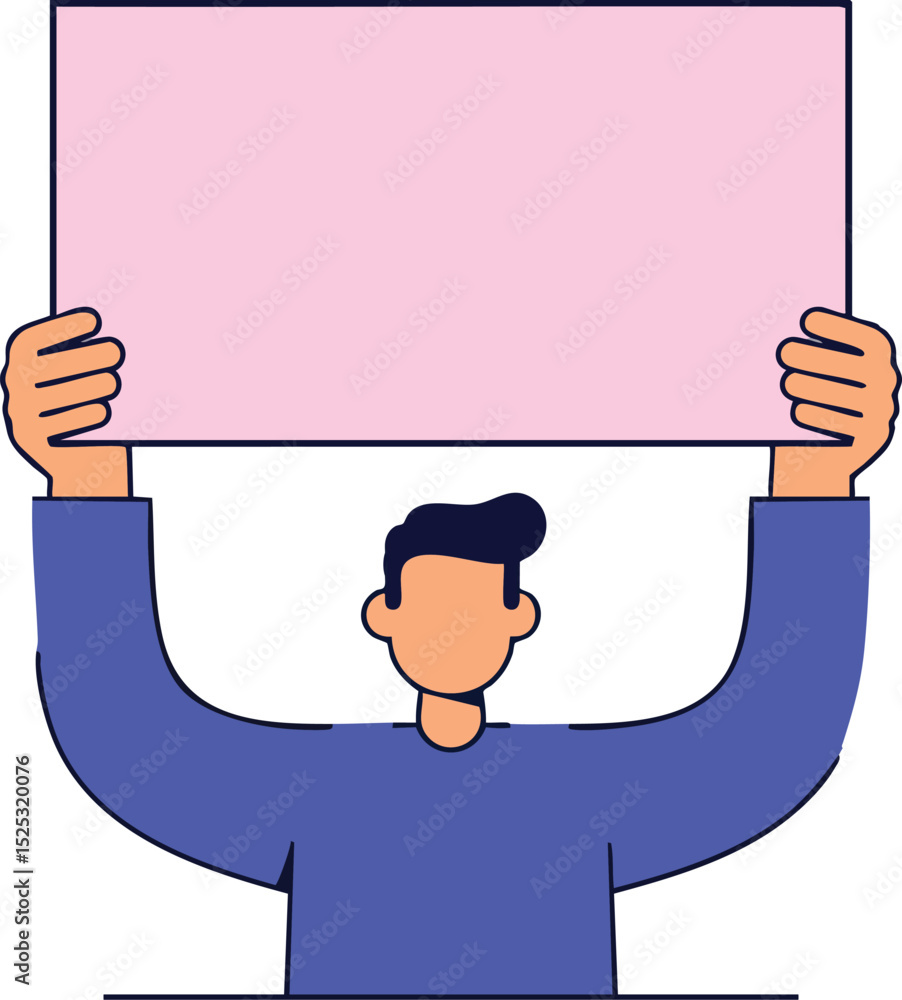 Poster man holding blank pink sign with both hands in simple vector illustration style for message display