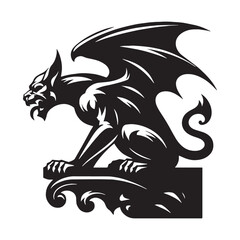 Bold Gargoyle pose graphic — gargoyle silhouette — gargoyle vector — silhouette of gargoyle — black mythical protector — clean fantasy vector — solid monster shape
