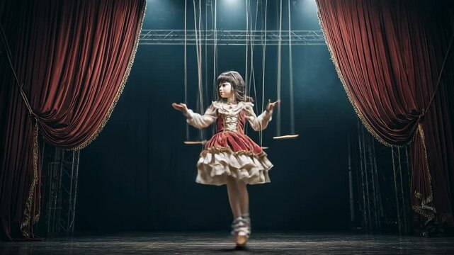 Girl dressed as marionette puppet on theater stage with red curtains and dramatic spotlight performance scene