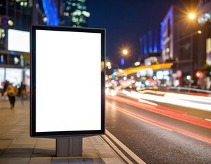 Blank Billboard on City Sidewalk at Night with Streaking Car Lights