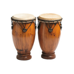 Two detailed conga drums, capturing the intricate craftsmanship and musicality. The wooden instruments stand in a photorealistic display, ready to make music.