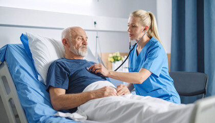 Doctor Using Stethoscope to Listen to Patient's Heartbeat and Breathing in Medical Checkup