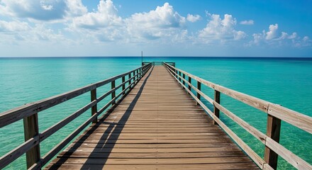 Obraz premium Wooden pier extending over turquoise ocean under a bright blue sky with fluffy clouds