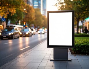 Blank billboard on city sidewalk with blurred traffic and autumn trees at sunset