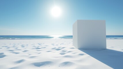 Minimalist beach scene featuring white cube on sandy shore with blue ocean and sky