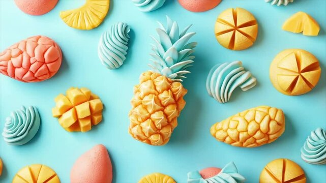 Colorful, stylized fruit arrangement on a pastel blue background.  Abstract shapes resembling pineapple, mango, and other tropical fruits