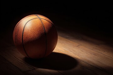 Obraz premium A Lone Basketball Resting in the Dark on Wood