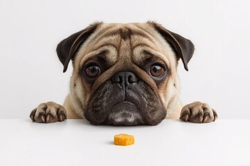 Obraz premium Pug dog is eating food placed on the table with hopeful gesture, pet, pet cuteness, pet feeding, snack time, meal time, dog, focus, micro, white background