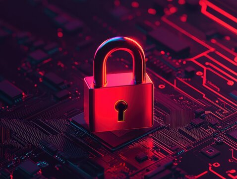 A metallic padlock sits on top of a glowing circuit board, symbolizing cybersecurity and data protection in a digital environment.