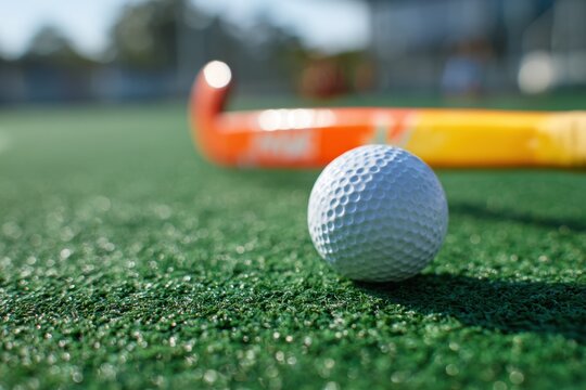 Field Hockey Ball and Stick on the Green Field