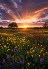 Vibrant Wildflower Field at Sunset in Texas