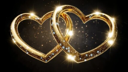 Two intertwined golden heart shapes with sparkling diamonds and glowing light effects on black background