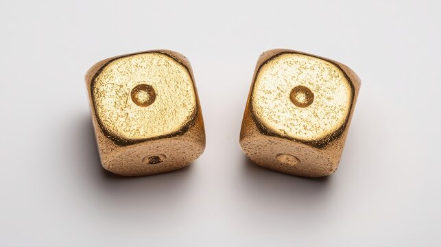 Two metallic gold dice showing the number one, placed on a white surface.