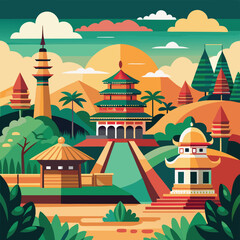 Fototapeta premium Flat Illustration of Colorful Asian Pagoda Landscape