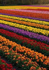 Vibrant Rainbow Flower Field at Sunset