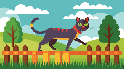 Feline and canine friends with a cat perched on a fence, observing their surroundings