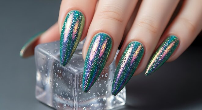 Stunning Teal and Iridescent Nail Art Designs Long, Pointed Nails with Shimmering Glitter