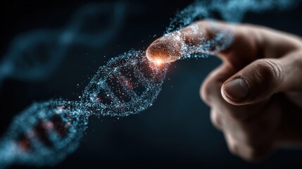 Futuristic concept of human finger interacting with digital DNA strand glowing in dark background ideal for biotechnology visuals, genetic research themes and medical innovation designs