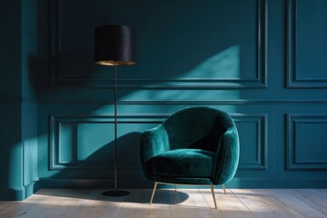 Luxury Blue Room with a Green Chair and Lamp