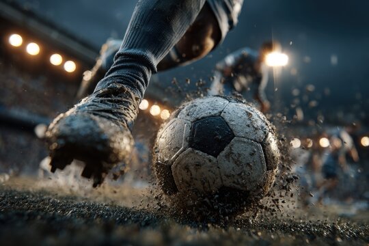 Dramatic close-up of soccer player kicking muddy football during intense stadium match under rainy night lights ideal for sports ads, action posters and competitive gameplay promotion
