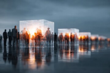 Conceptual art of isolated human figures enclosed in transparent cubes emitting light in surreal reflective environment perfect for topics of isolation, society and digital identity
