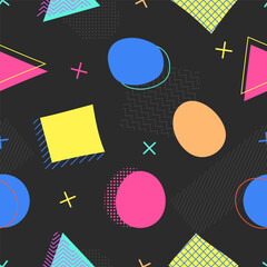 Retro 80s Seamless Pattern with Colorful Geometric Shapes. Memphis Style Geometric Background