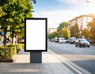 Blank billboard on city street with blurred traffic and trees in bright sunlight