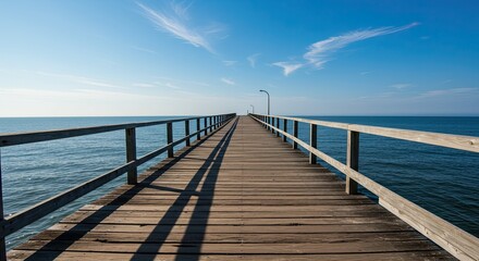 Obraz premium Wooden pier extending into the ocean under a clear blue sky during daytime