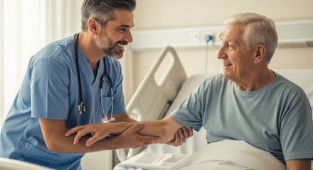 Obraz premium Smiling male nurse providing compassionate assistance to a senior disabled man, helping him sit up in a hospital bed. Healthcare support, elderly care, recovery, medical aid.