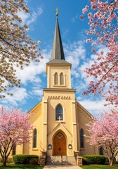 Fototapeta premium Yellow Church with Pink Cherry Blossoms in Spring