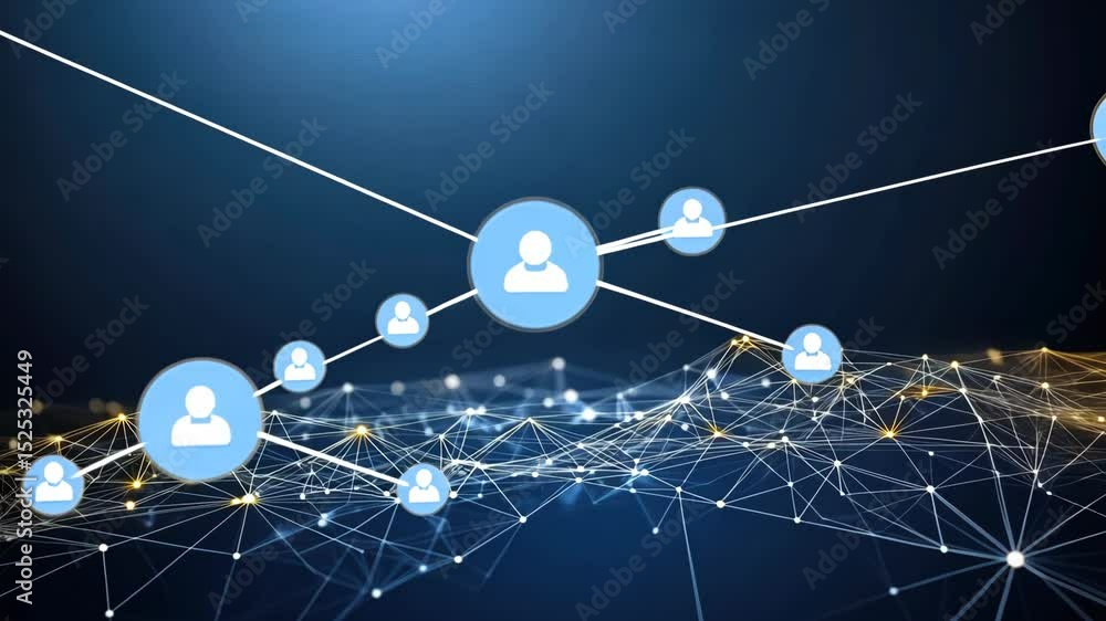 Poster a digital representation of connections showcasing user icons amid glowing network nodes and intrica