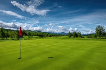 Obraz premium Beautiful Golf Course Landscape Scene of Green Grass Field