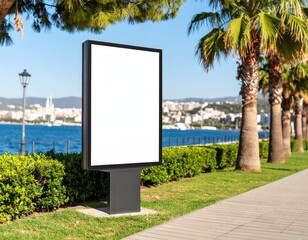 Blank Billboard on Coastal Walkway with Palm Trees and Distant Cityscape