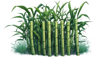 Lush green bamboo stalks form a fence-like structure, surrounded by vibrant foliage, set against a stark white background