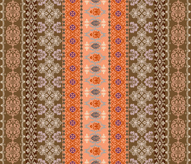 Damask fabric pattern, abstract, ethnic, Damask style, full fabric pattern, brown, orange, for textile, cloth, clothing, curtain, carpet, pillow, illustration, vector.