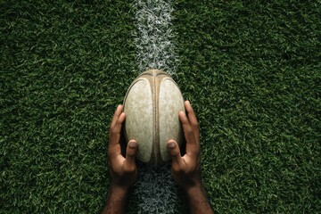 Close up of Hands Holding Rugby Ball on Grass