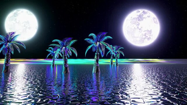 Galactic Beach with Metallic Palm Trees