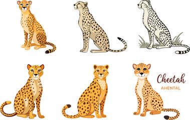 Obraz premium Cheetah cartoon illustration vector design in various sitting poses