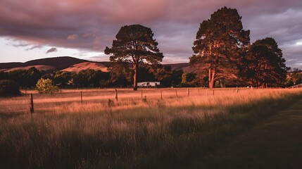 Dramatic countryside landscape at sunset time