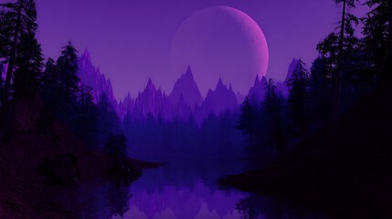 Purple moon over the mountain lake