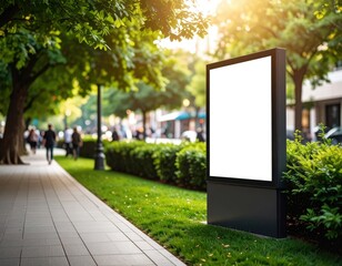 Blank Billboard on Grassy Median with Pedestrians and Sunlight