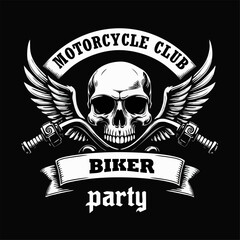 Fototapeta premium Vector t-shirt design with biker motorcycle, human skull, wings isolated on black background. Fashionable print for fabric, men clothing, hoodie, biker jacket. T shirt template with lettering.
