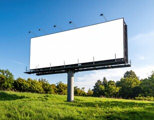 Obraz premium Blank Billboard on Green Field Under Blue Sky Ready for Advertising