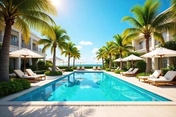 A sunny summer day at a luxurious hotel, featuring a pristine swimming pool and vibrant landscaping Palm trees sway gently in the warm breeze, creating a tranquil oasis , resort, pool