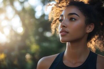 A beautiful woman looking up with confidence and a dreamy expression in the park. The sunshine is behind her, creating a warm and positive atmosphere.
